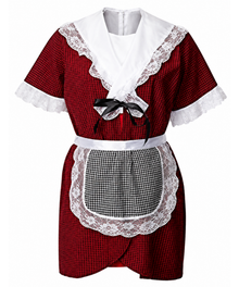A red and black checkered short-sleeve dress with a white lace collar, white lace cuffs, a black ribbon bow at the chest, and a matching black-and-white checkered apron with white lace trim.