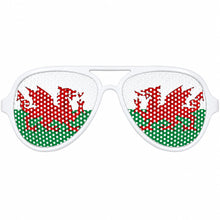 White aviator-style sunglasses with round lenses featuring a red and green Welsh flag pattern on a white background.