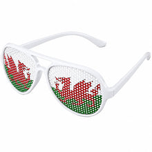 White novelty sunglasses with the Welsh flag pattern on the lenses, shown against a plain white background.
