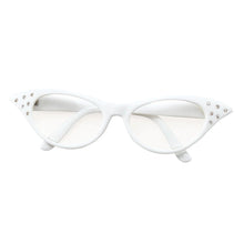 White cat-eye eyeglasses with small silver rhinestone accents on the temples, shown against a plain white background.