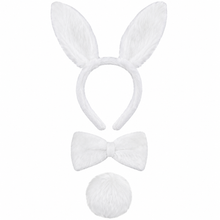 White bunny ears, tail and bow tie set on a white background