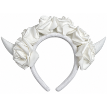 White devil horn headband with large roses, shown on a plain white background.