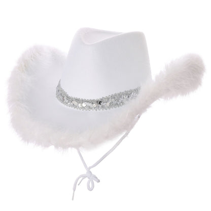 Fluffy Sequin Cowboy Hat - White