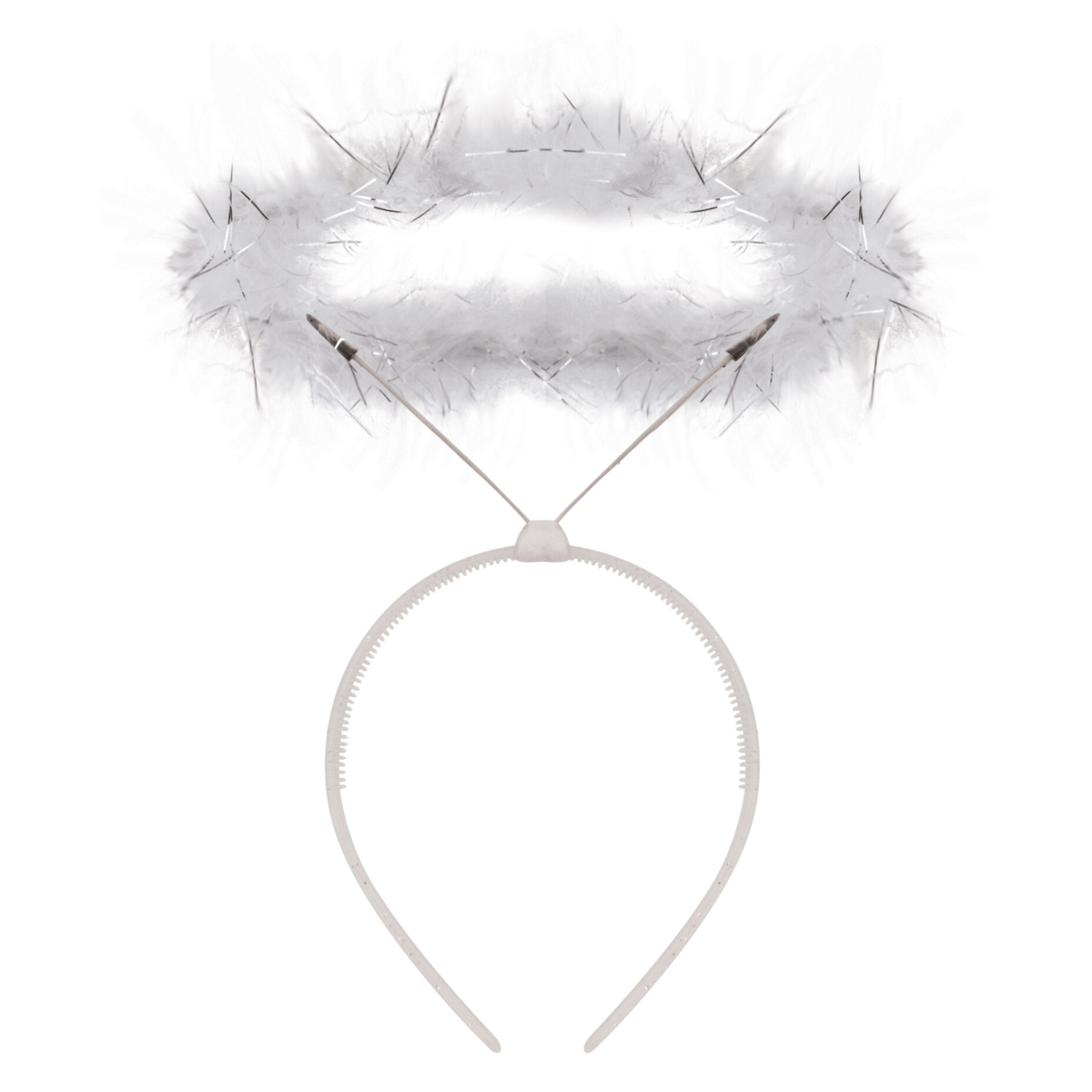 White angel halo headband costume accessory with a fluffy feather halo and a plastic headband.