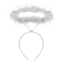 White angel halo headband costume accessory with a fluffy feather halo and a plastic headband.
