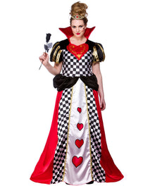 A woman modeling a Queen of Hearts costume dress against a plain white background. The costume features a black and white checkered bodice, a white skirt with red hearts, a red cape, and gold trim.
