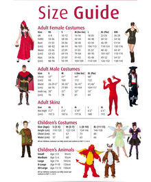 A size guide chart for a children's costume collection, showing size tables for Adult Female Costumes, Adult Male Costumes, Adult Skizn, and Children's Costumes, with small photos of models wearing red, black, and white costumes.