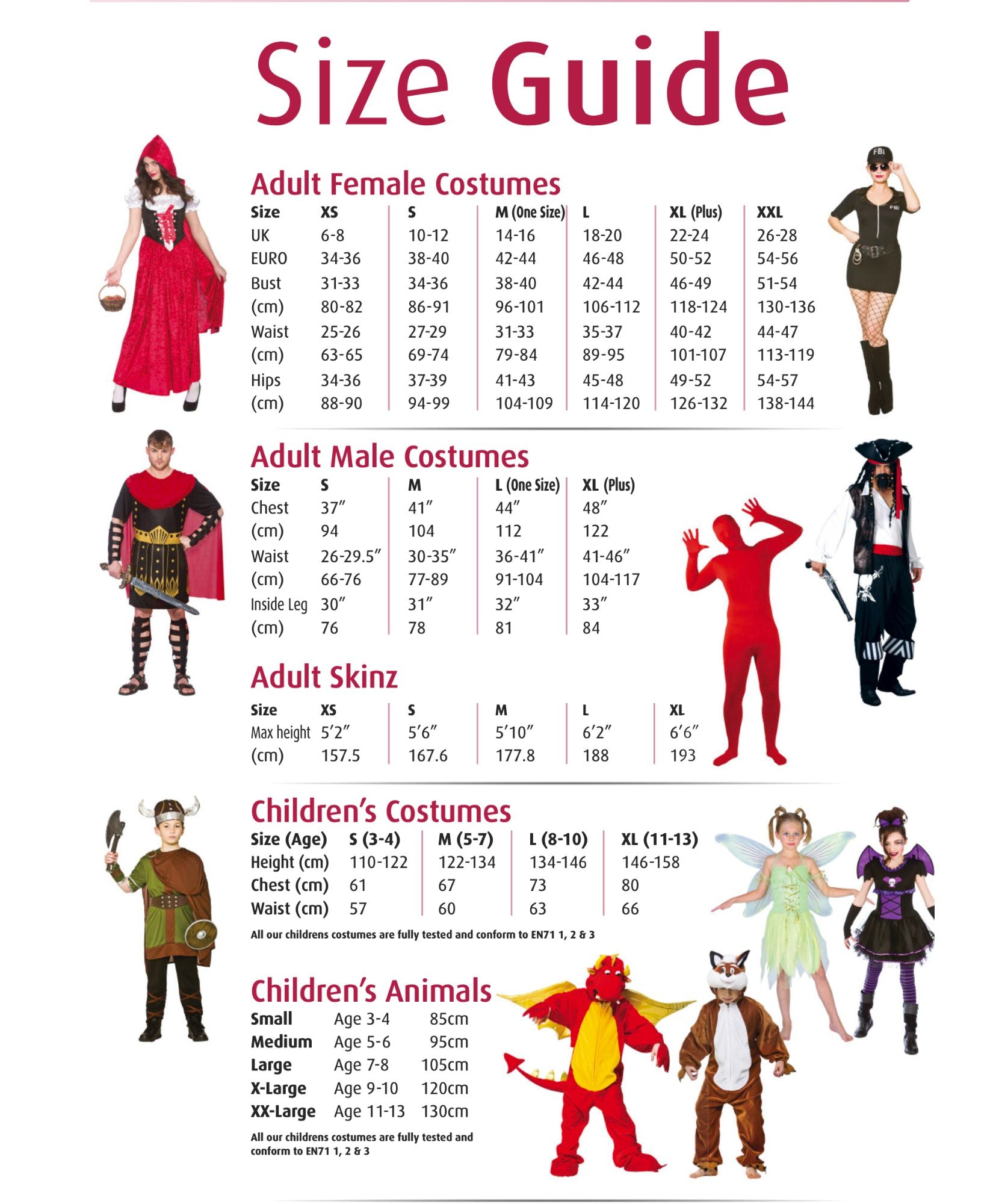 A size guide chart for a children's costume collection, showing size tables for Adult Female Costumes, Adult Male Costumes, Adult Skizn, and Children's Costumes, with small photos of models wearing red, black, and white costumes.