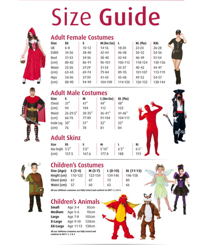 A size guide chart for a children's costume collection, showing size tables for Adult Female Costumes, Adult Male Costumes, Adult Skizn, and Children's Costumes, with small photos of models wearing red, black, and white costumes.