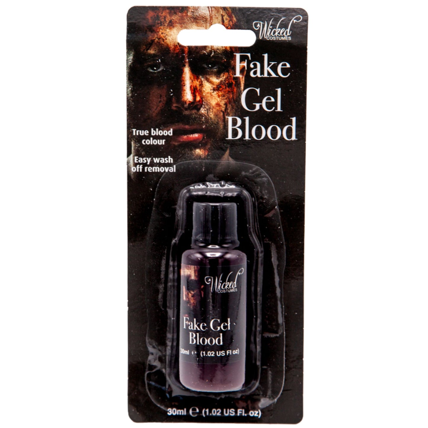 Wicked by Wicked 'Fake Gel Blood' 30ml bottle in its original blister card packaging, featuring a dark blood-themed design.
