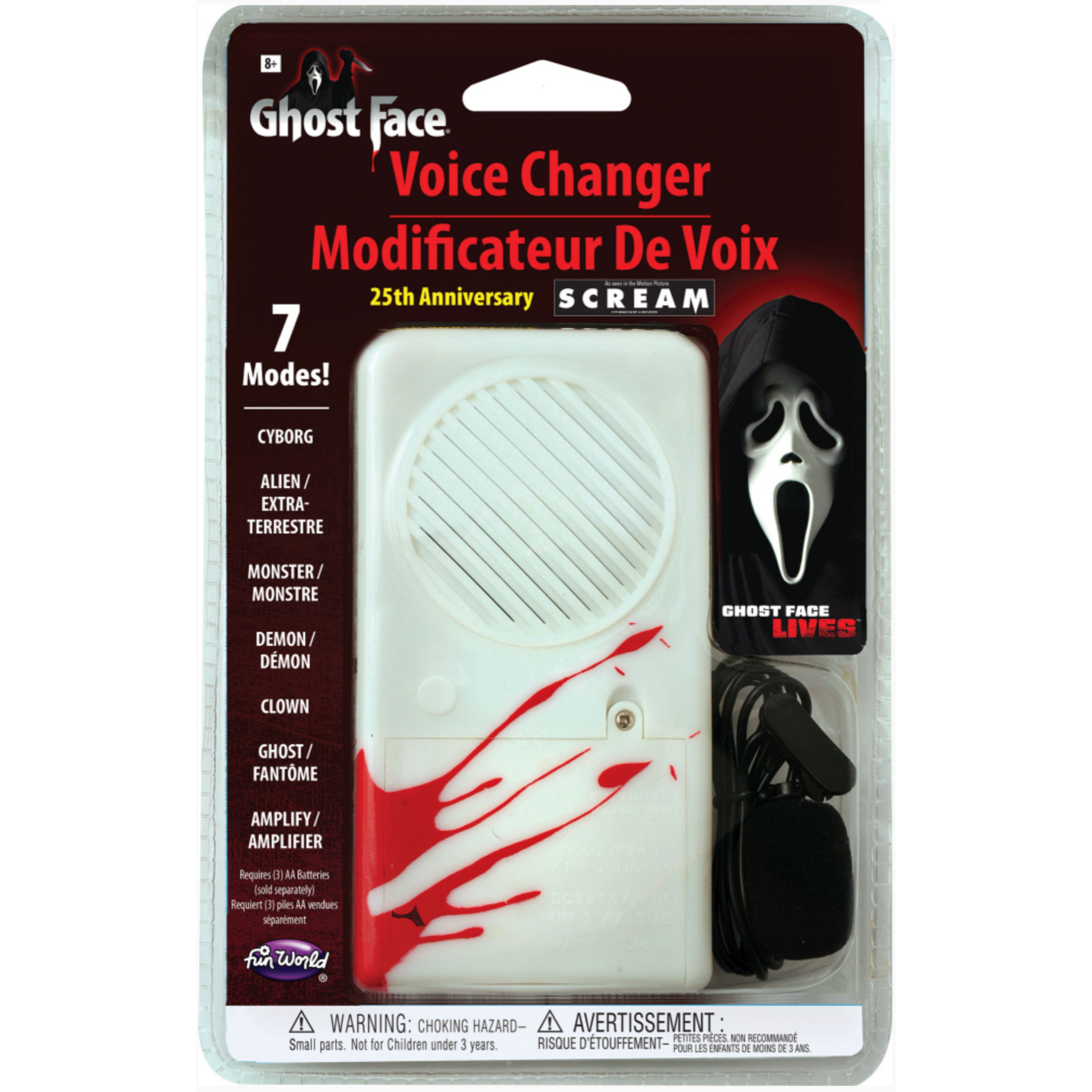 Ghost Face Voice Changer by Toony Toony, packaged in its original blister card. The product features a white plastic device with red blood-splatter graphics, a black instruction booklet, and a Ghost Face mask graphic on the packaging.