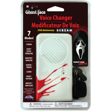 Ghost Face Voice Changer by Toony Toony, packaged in its original blister card. The product features a white plastic device with red blood-splatter graphics, a black instruction booklet, and a Ghost Face mask graphic on the packaging.
