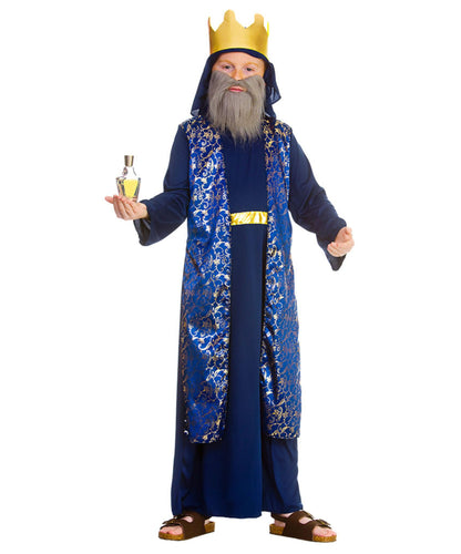 Person wearing a blue robe with gold accents and a crown, holding a bottle.