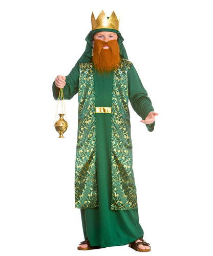 Person wearing a green robe with gold accents and a crown, holding a lantern on a white background