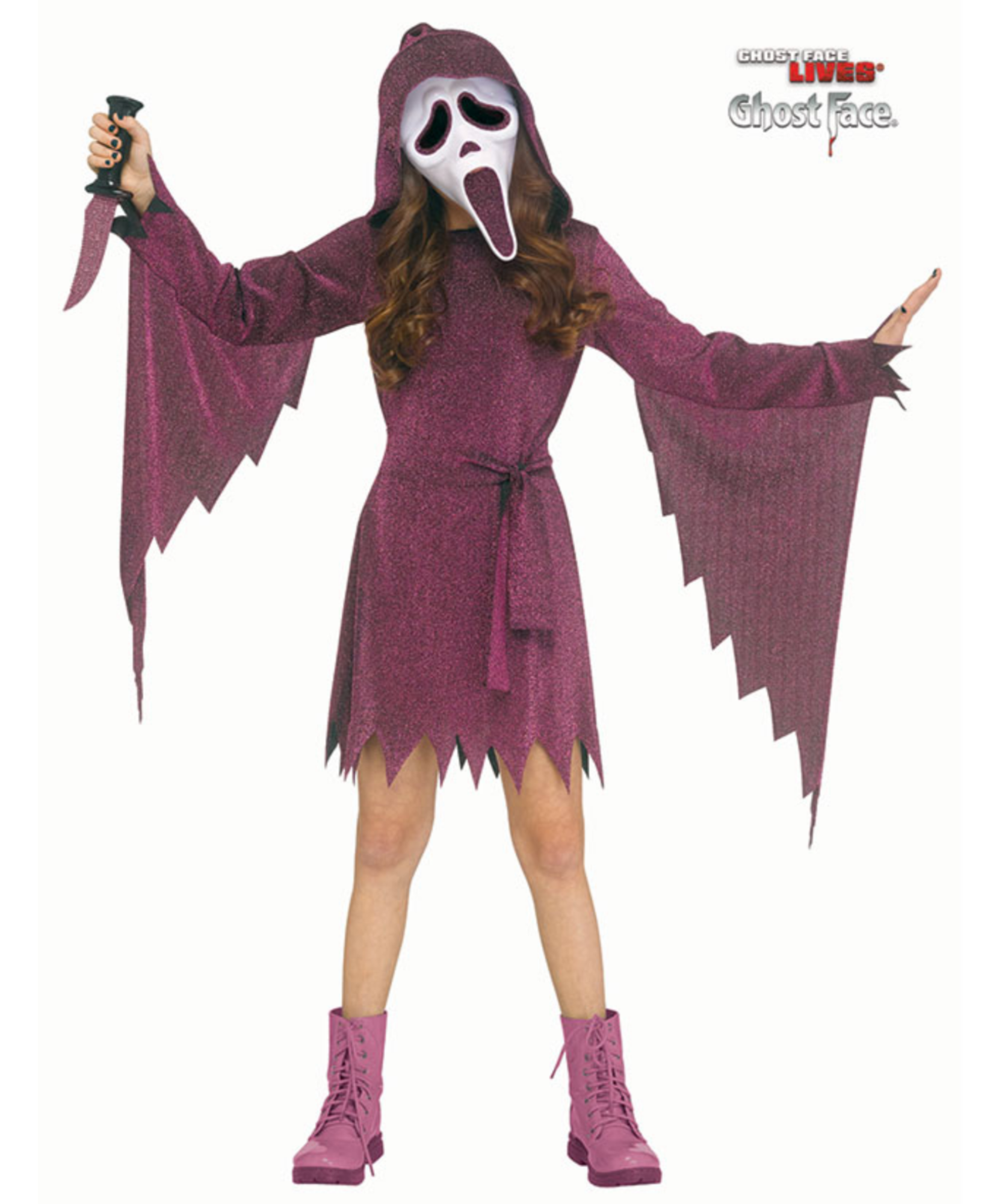A child modeling a Ghostface Halloween costume against a white background, featuring a purple hooded dress with jagged sleeves and hem, a white mask with black eyes and tongue, and matching purple boots. A 'Charades Live' logo is visible in the top right corner.