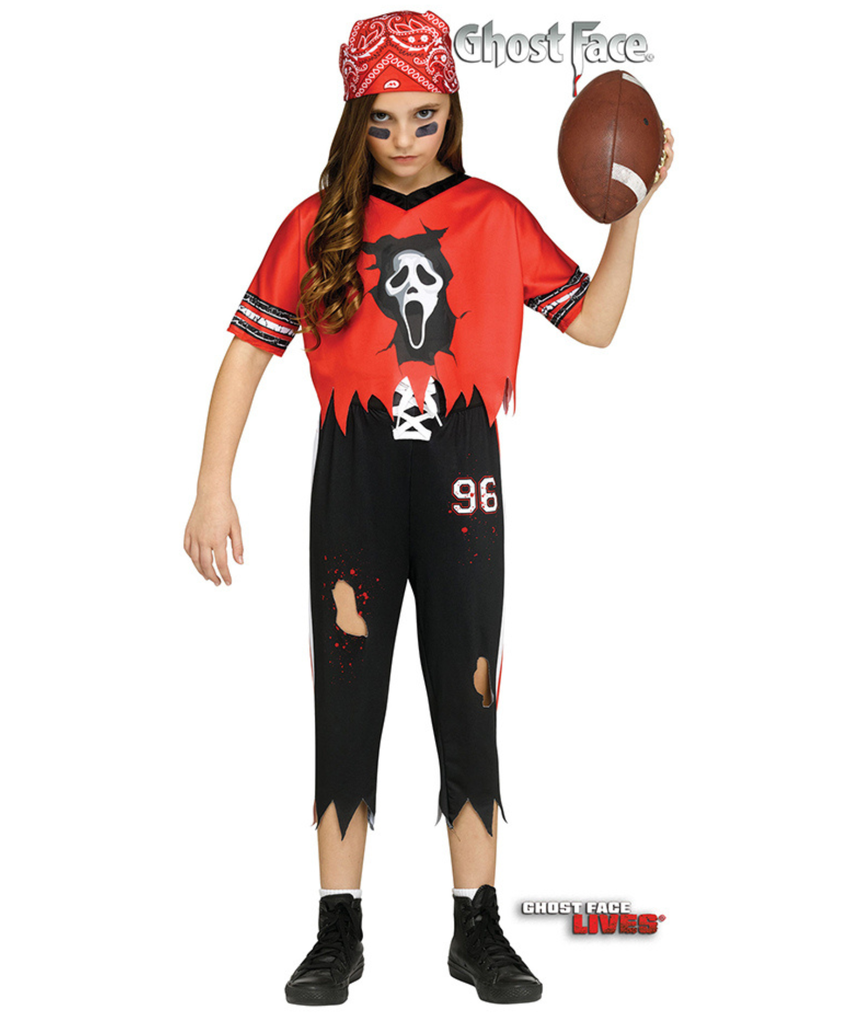 A child modeling a Ghostface Halloween costume from Shoes Live, featuring a red and black tattered jersey with a Ghostface face graphic, ripped black pants, a red bandana, and a football, on a white background.