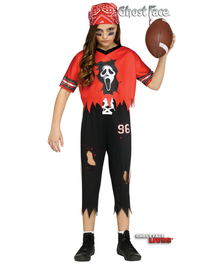 A child modeling a Ghostface Halloween costume from Shoes Live, featuring a red and black tattered jersey with a Ghostface face graphic, ripped black pants, a red bandana, and a football, on a white background.