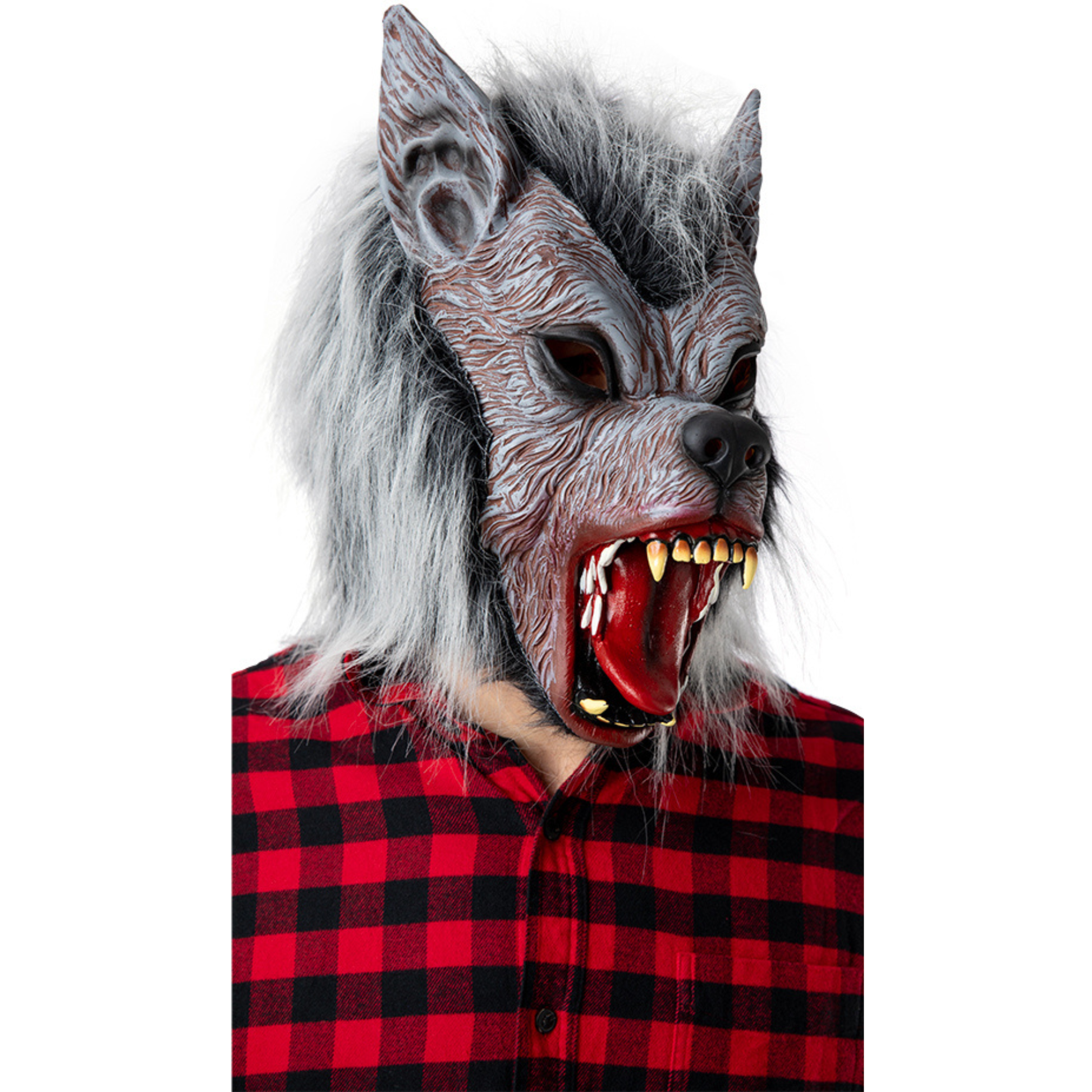 A person wearing a realistic werewolf mask with gray and black fur, bared teeth, and a red-and-black checkered shirt on a plain white background.