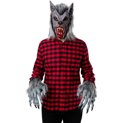 Person wearing a werewolf mask and red plaid shirt on a white background