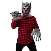 A person wearing a furry werewolf costume mask with bared teeth, gray clawed gloves, and a red-and-black buffalo plaid button-up shirt, photographed against a plain white background.