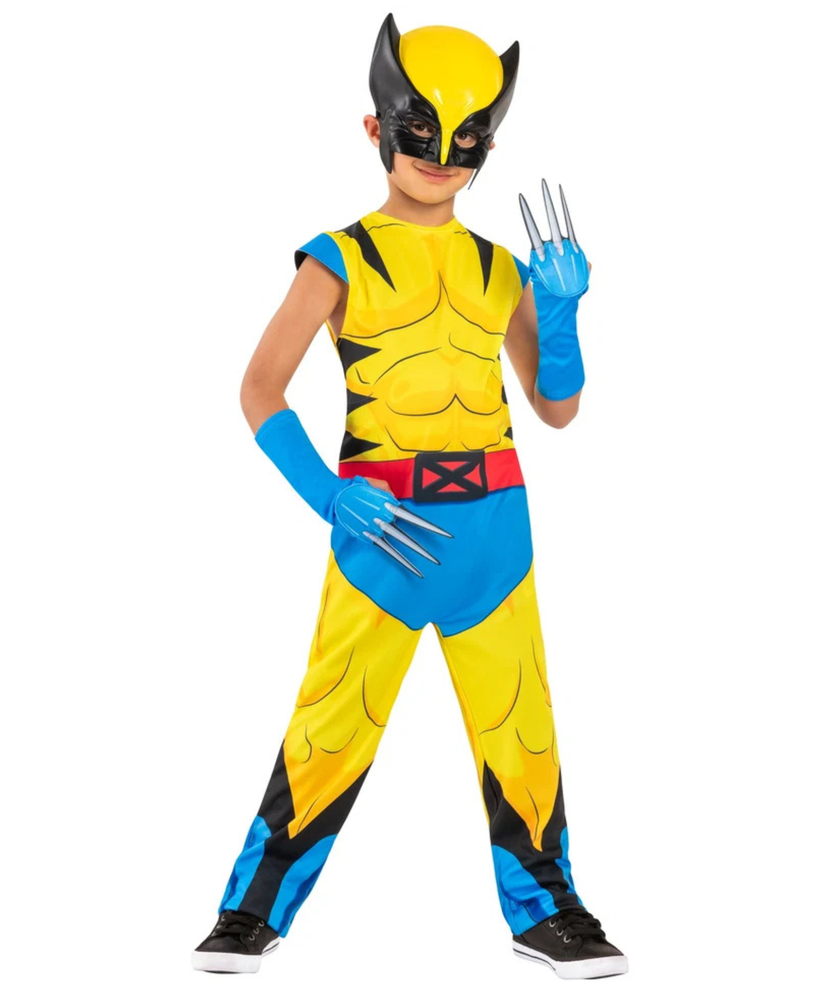 A child modeling a full Wolverine costume against a plain white background, featuring a yellow and blue bodysuit with black accents, a red utility belt, blue gloves, a black and yellow mask, and silver claw-like hand accessories.