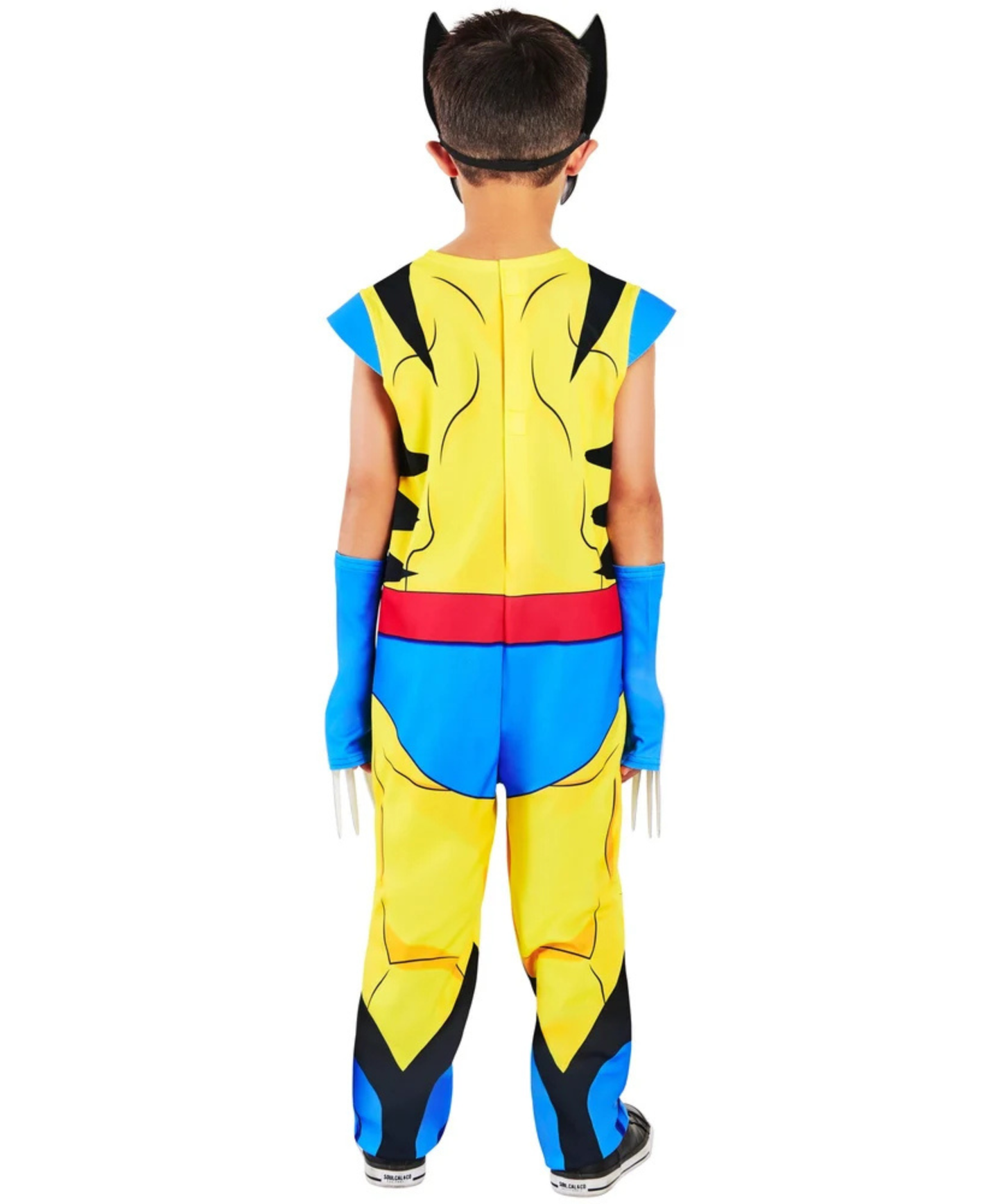 A child shown from the back wearing a Wolverine-style costume with a yellow, blue, and red bodysuit, black-and-yellow printed back design, blue gloves, clawed wrist accessories, and a black headband with pointed ears on a plain white background.