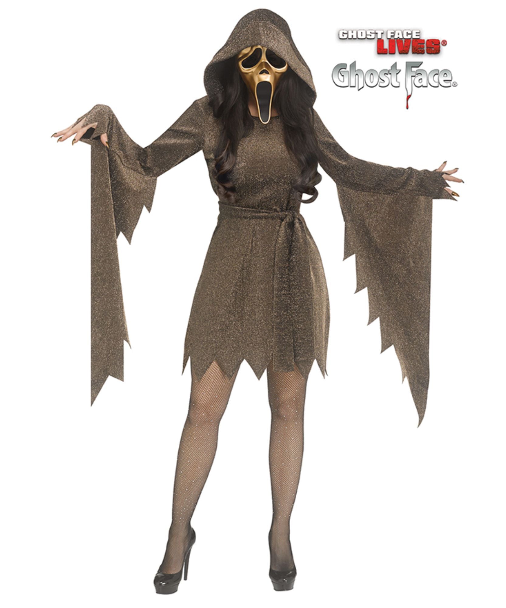 A woman modeling a Ghostface Halloween costume from Ghostface Lives, featuring a brown hooded dress with jagged sleeves and hem, a gold and white mask, and black tights and heels, set against a plain white background.