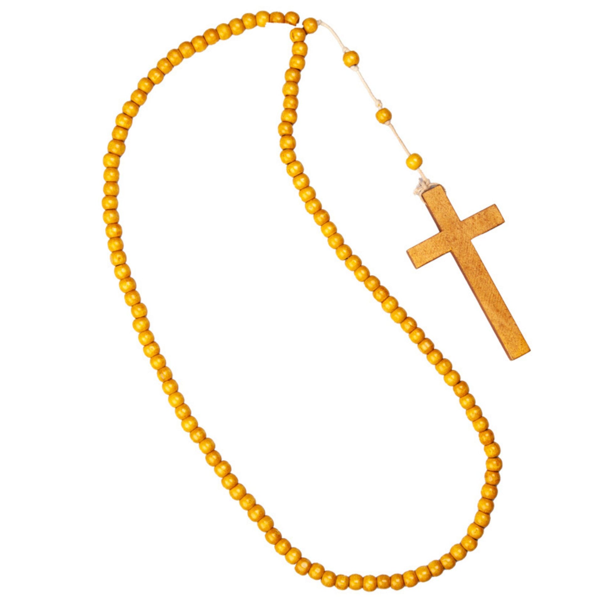 A wooden rosary necklace featuring round yellow-gold beads and a light brown wooden cross, displayed on a clean white background.