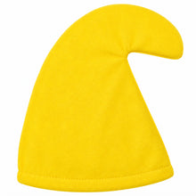 A bright yellow, fuzzy pointed gnome hat with a curved top, shown against a plain white background.
