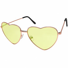 Heart-shaped sunglasses with pale yellow lenses and a thin rose gold metal frame, shown on a plain white background.