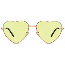 Heart-shaped aviator sunglasses with pale yellow-green lenses and a thin rose gold metal frame, shown against a plain white background.