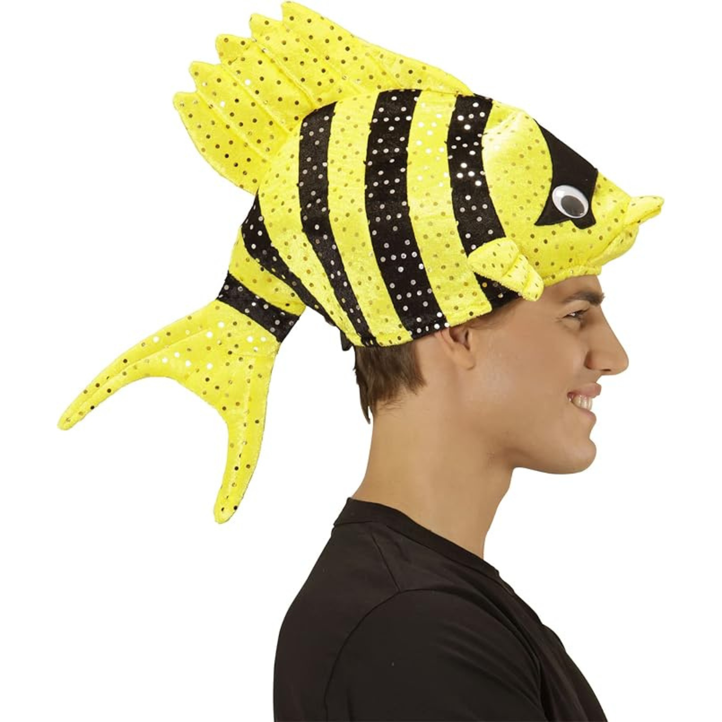 A man in profile wearing a yellow and black striped novelty fish hat with glittery texture, shown against a plain white background.