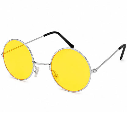 Round sunglasses with bright yellow lenses and thin silver metal frames, featuring black temple tips, shown on a plain white background.