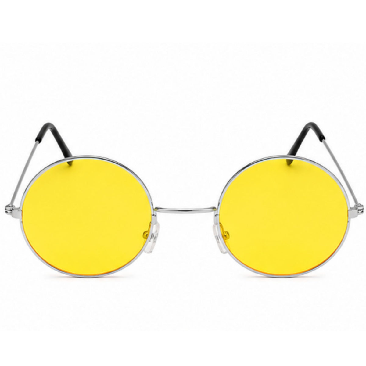 Round metal-frame sunglasses with bright yellow lenses and black temple tips, shown against a plain white background.