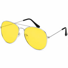 A pair of aviator-style sunglasses with bright yellow lenses, a thin silver metal frame, and black temple tips, shown on a plain white background.