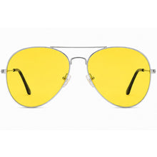A pair of aviator-style sunglasses with bright yellow lenses and a thin silver metal frame, shown against a plain white background.