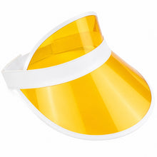 A clear visor-style face shield with a bright yellow tint and a white elasticated strap, shown on a plain white background.